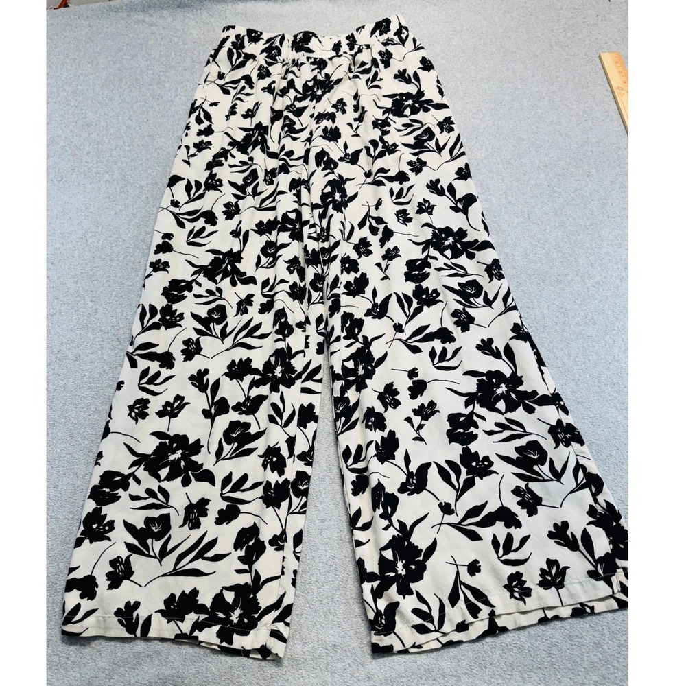 Contempo Pants Womens XL Black Ivory Floral Wide Leg Palazzo Pull On Flowy Airy